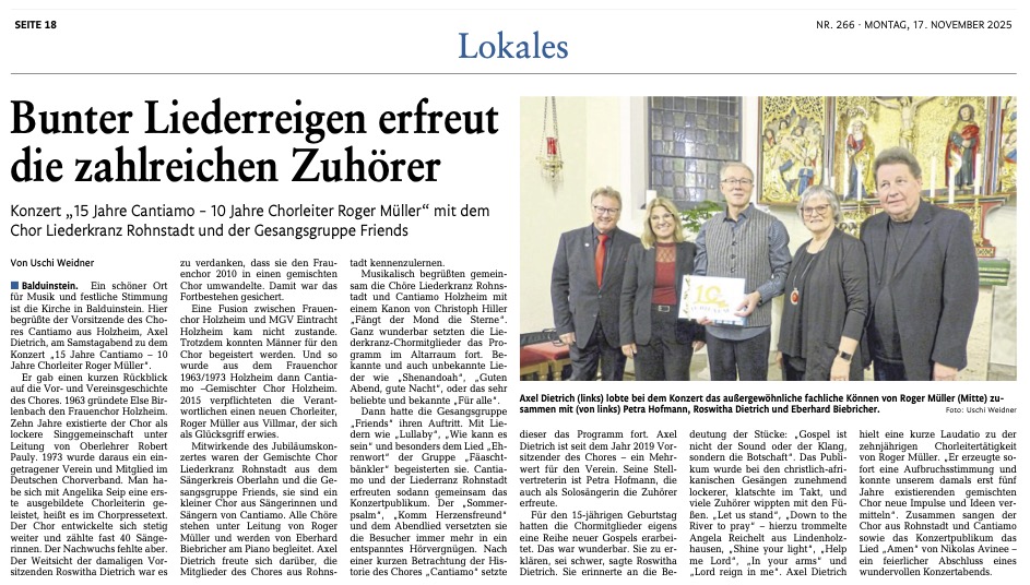 Konzert in Balduinstein zu 15 Jahren Cantiamo